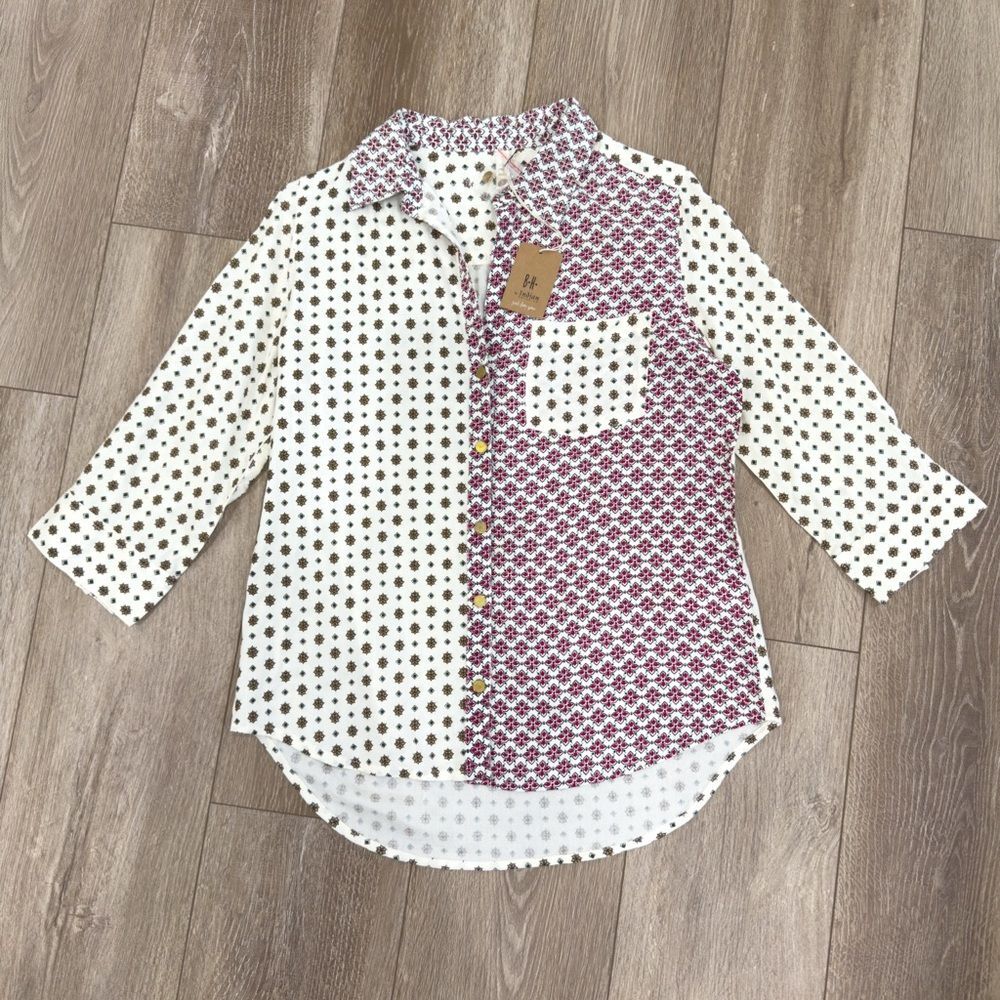 NWT Boutique Mixed Print Pattern Boho Button Down Blouse Womens Size Small S